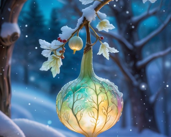Delicate Glass Ornament on Snow-Covered Branch