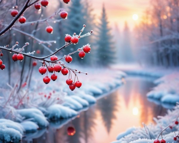 Winter River Scene with Frost and Red Berries