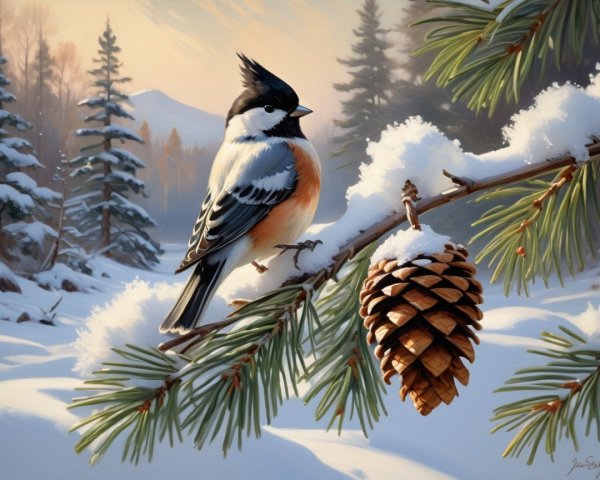 Painting of a Colorful Bird on a Snowy Pine Branch