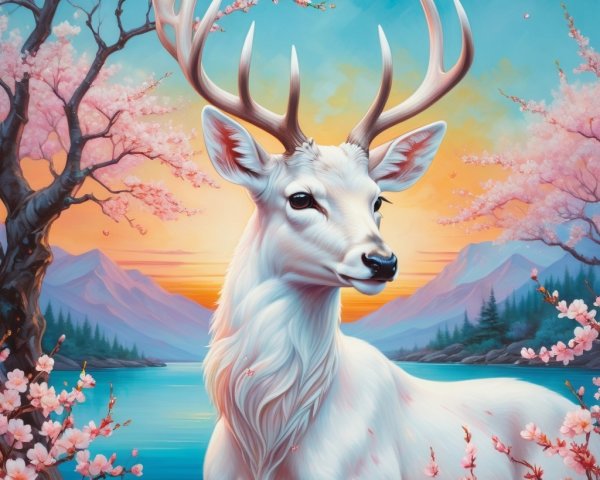 Majestic white deer in sunset landscape with cherry blossoms