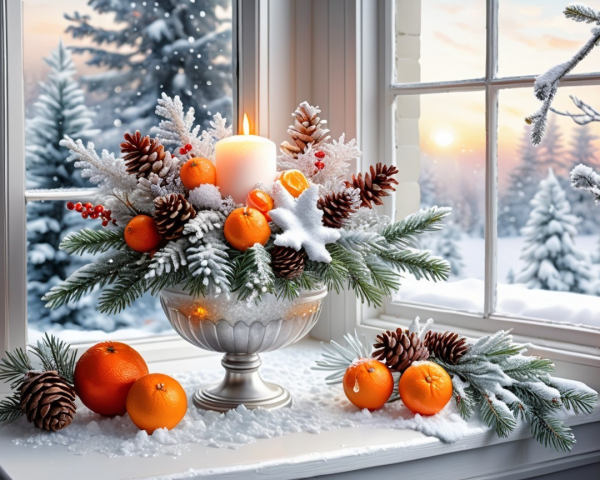 Winter Centerpiece with Oranges, Pinecones, and Candle