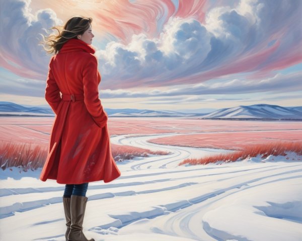 Woman in Red Coat Observing Snowy Landscape