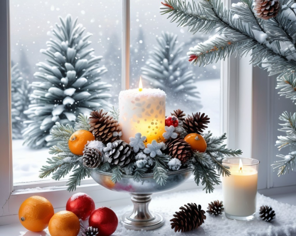 Winter Holiday Scene with Snowy Forest and Centerpiece