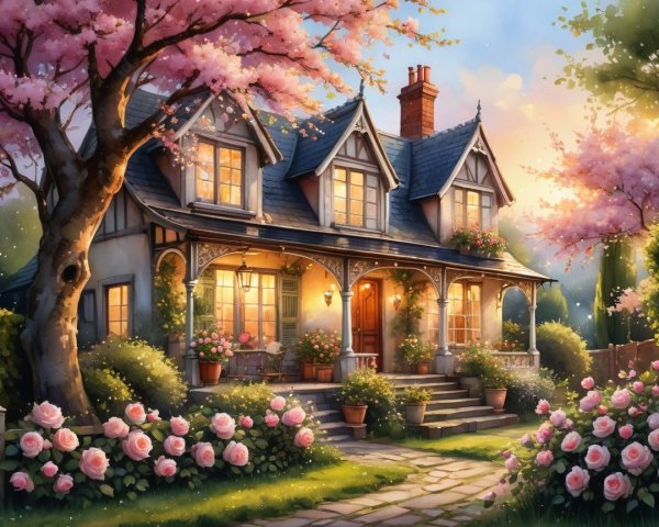 Charming Cottage Surrounded by Cherry Blossoms and Roses