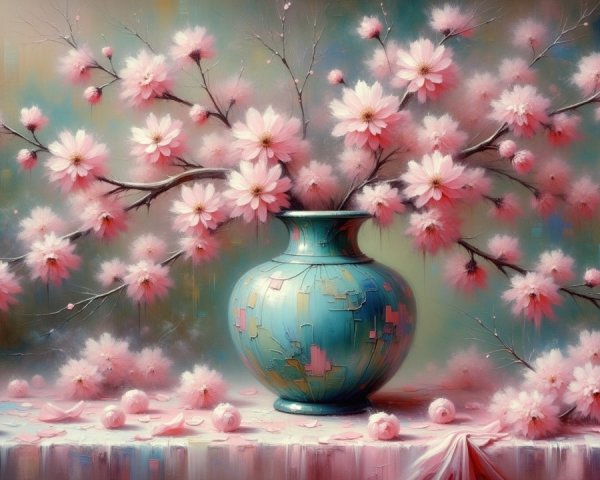 Turquoise Vase with Pink Flowers in Soft Pastel Setting