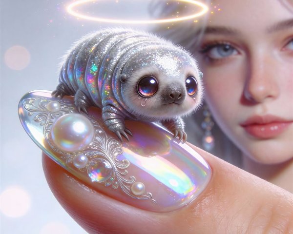 Close-up of a glittery grey grub-like creature on a nail