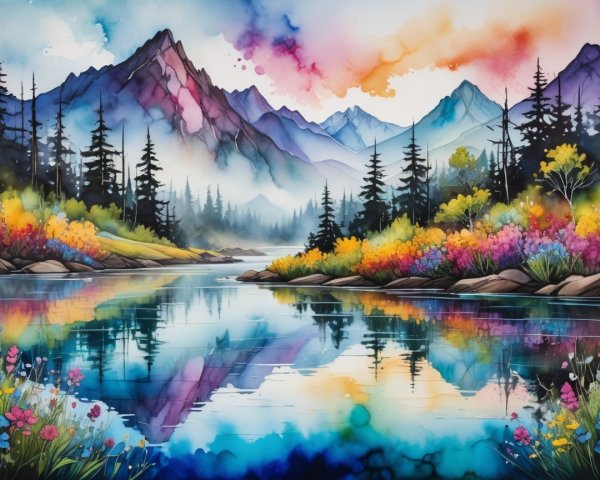 Vibrant Watercolor of Mountains and Serene Lake