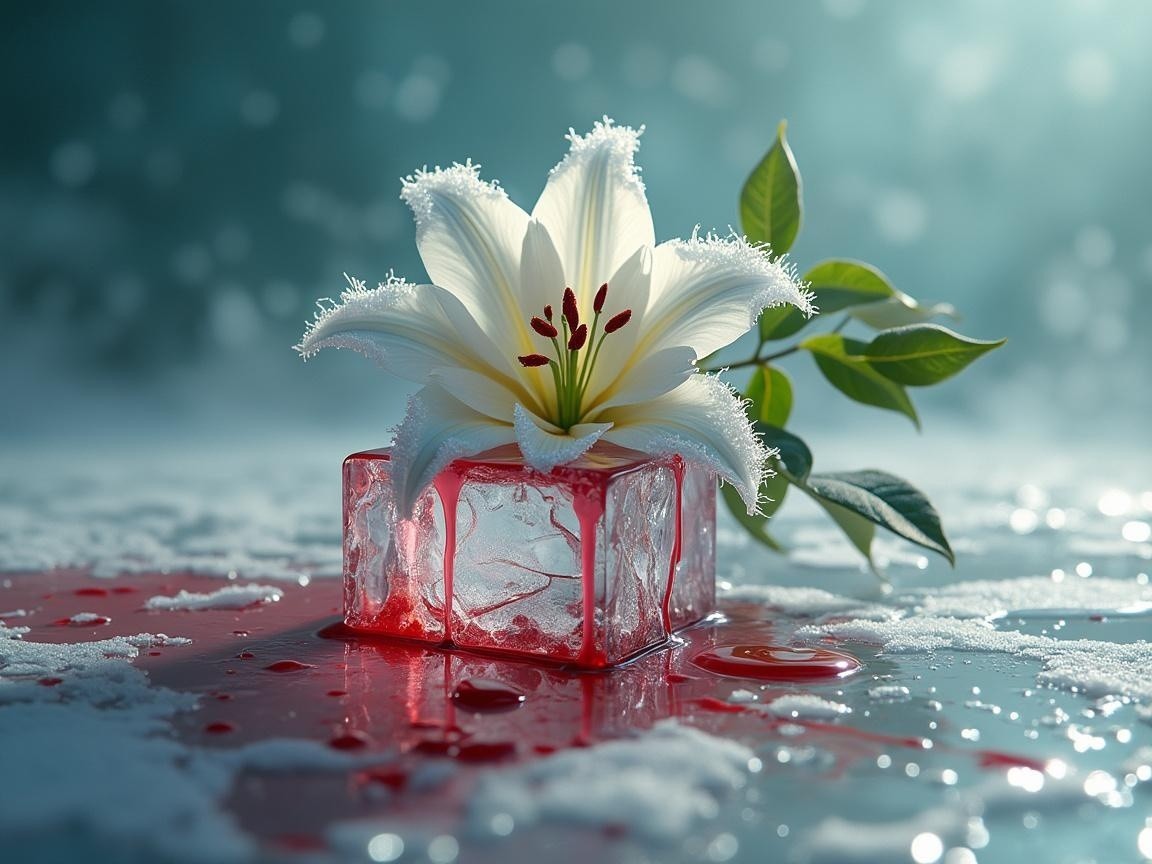 White Lily on Ice with Red Liquid Surroundings
