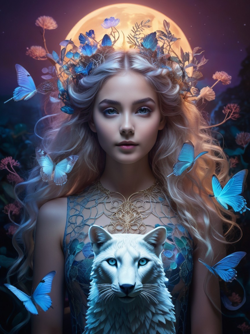 Mystical Scene with Woman, Butterflies, and Tiger