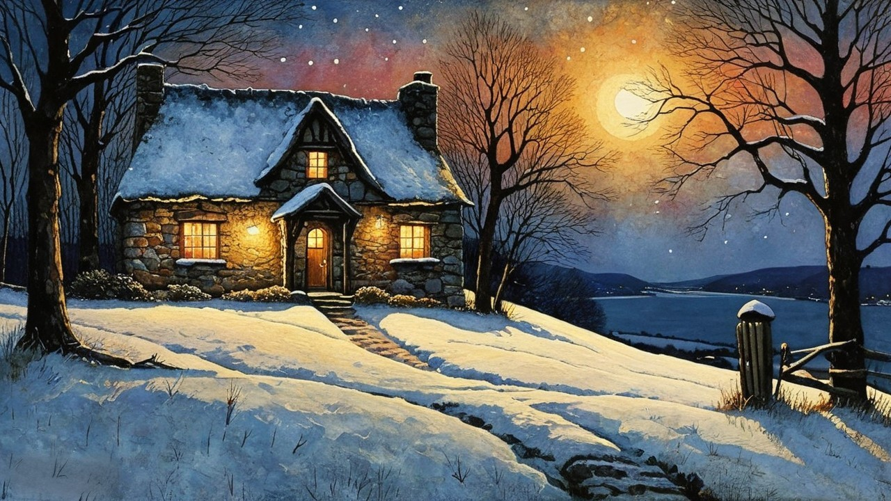 Stone Cottage on Snowy Hill Under Full Moonlight