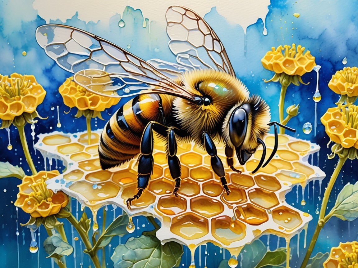 Illustration of a bee on honeycomb with flowers