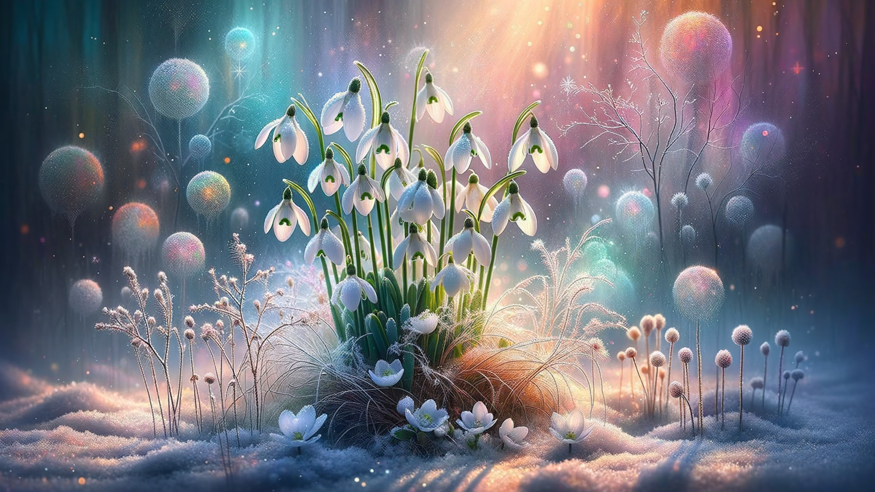 Serene winter scene with snowdrop flowers and pastel colors