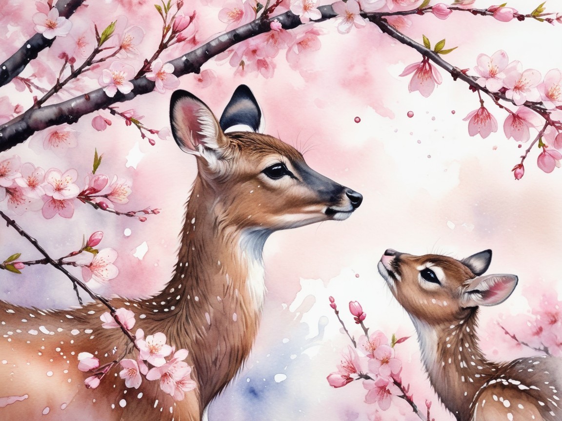 Watercolor Scene of Deer Among Cherry Blossoms