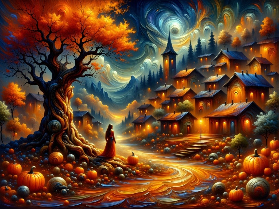 Vibrant Autumn Scene with Pumpkins and Twisted Tree