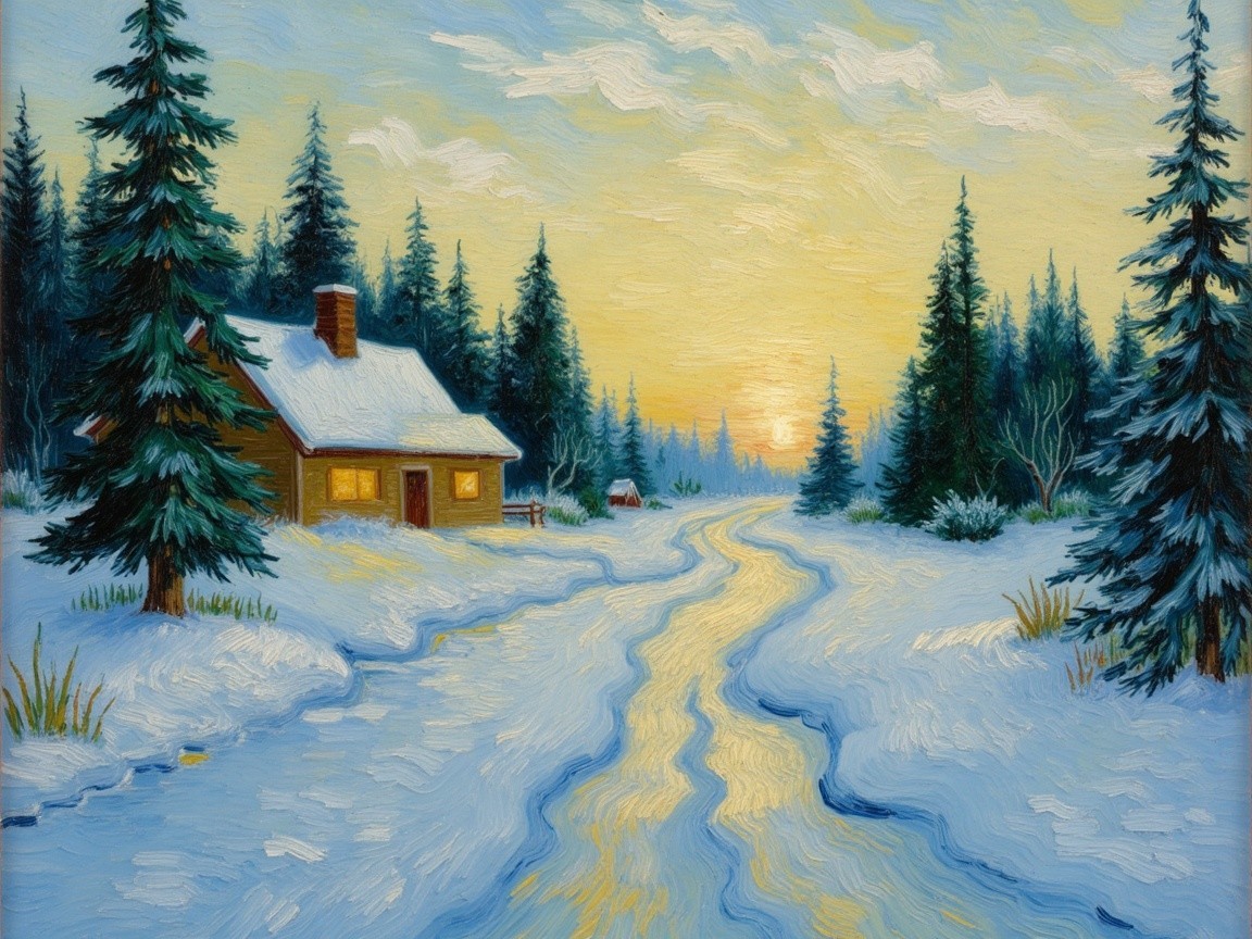 Winter Landscape with Cabin and Snow-Covered Pines