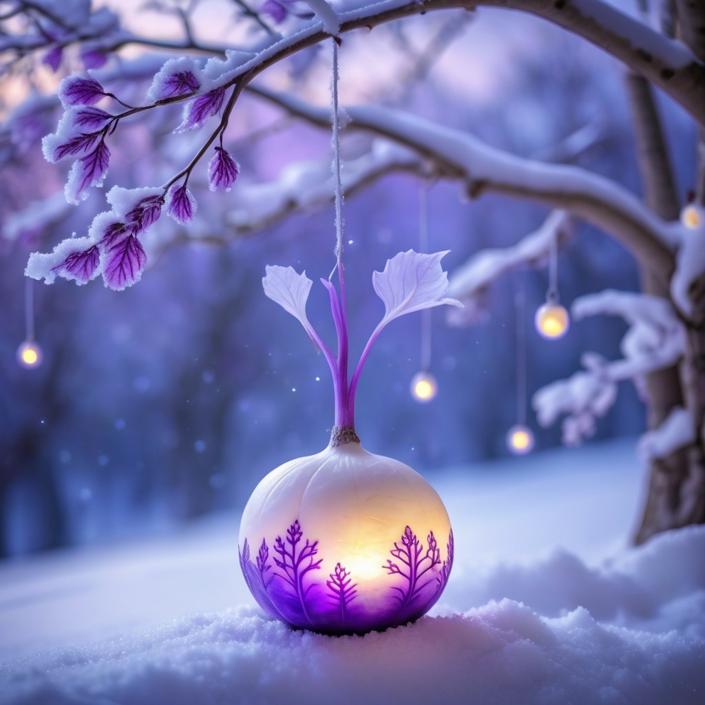 Snowy Landscape with Tree and Purple Floral Ornaments