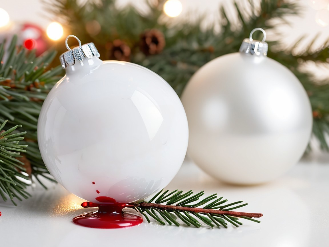 Christmas Ornaments on Pine Branches with Red Liquid