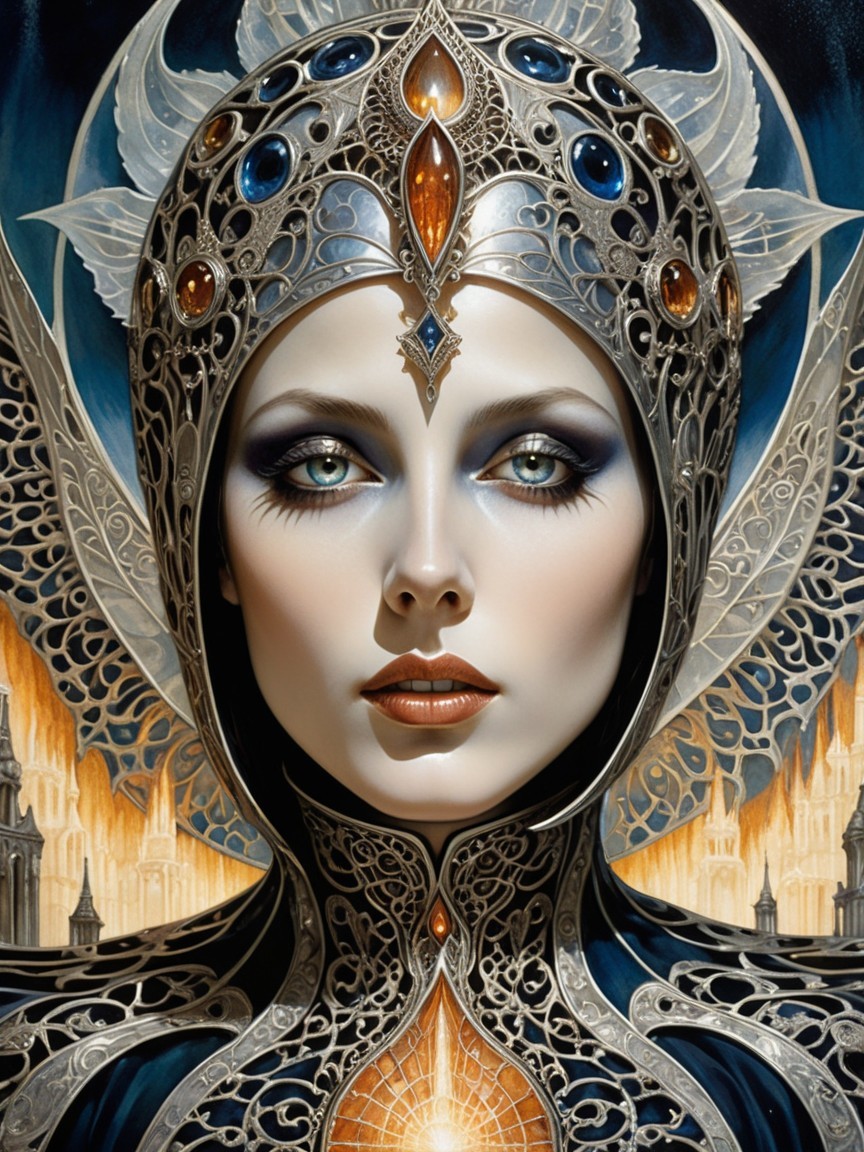 Regal figure in intricate silver headdress and attire