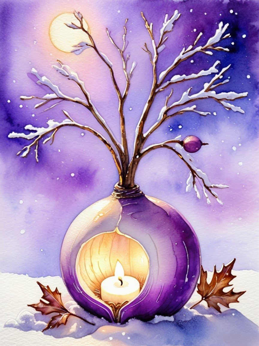 Whimsical Winter Scene with Purple Bulb and Candle