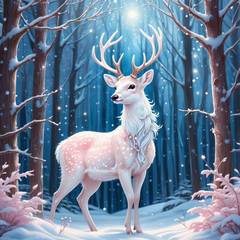 Majestic White Deer in a Serene Winter Forest