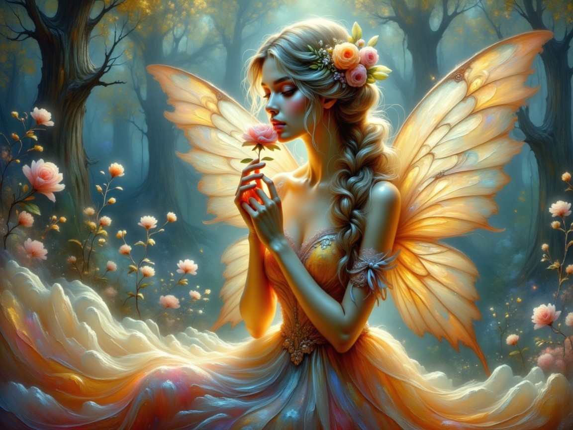 Fairy in a Magical Forest with Delicate Rose and Light