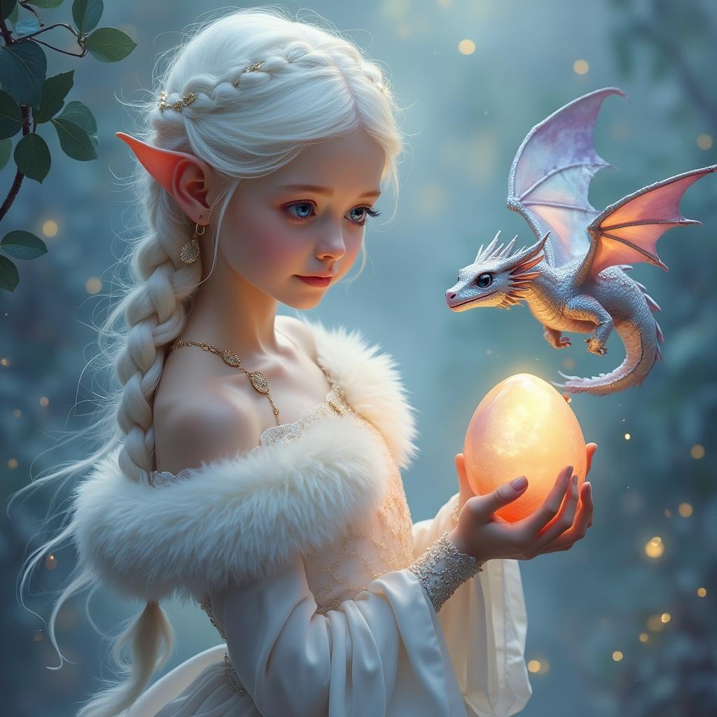 Young girl with glowing egg and playful dragon in forest
