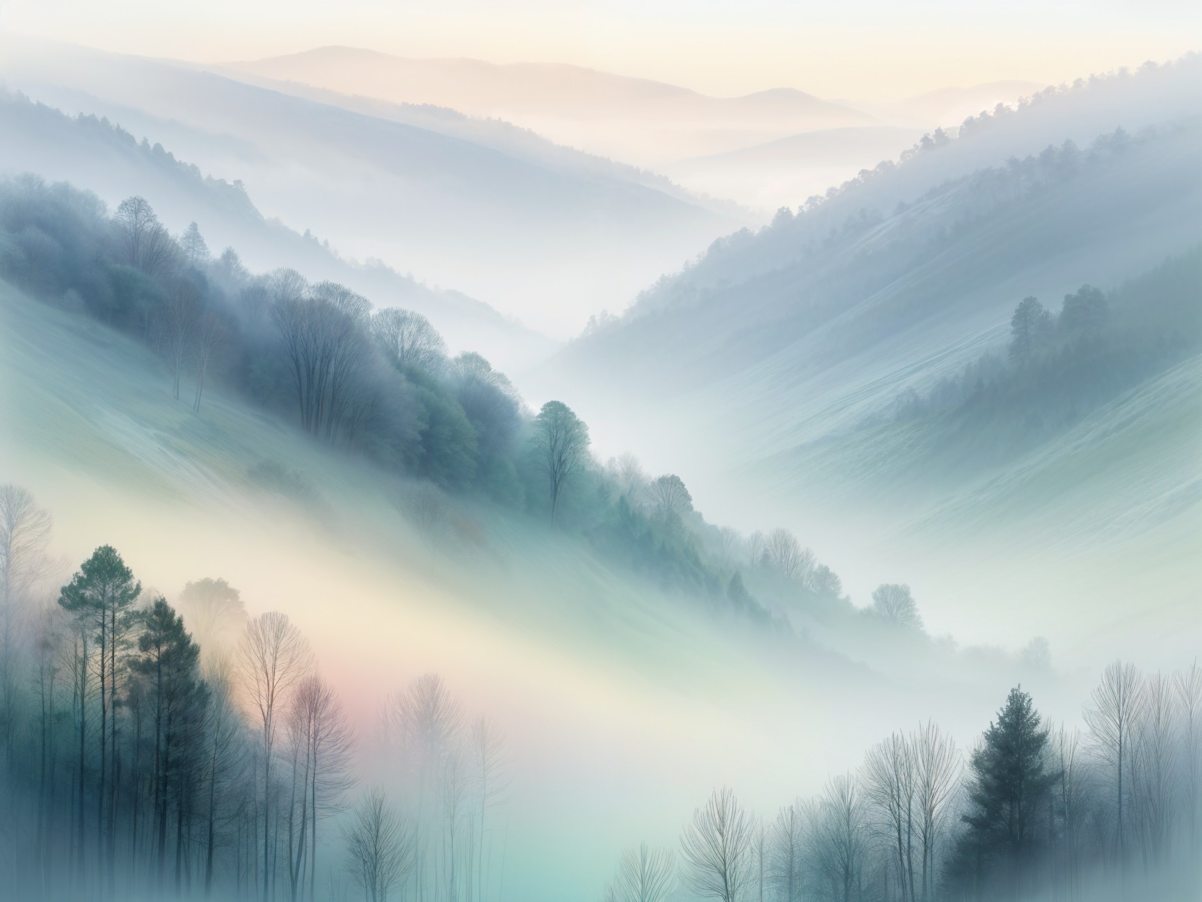 Serene Landscape of Foggy Rolling Hills and Trees