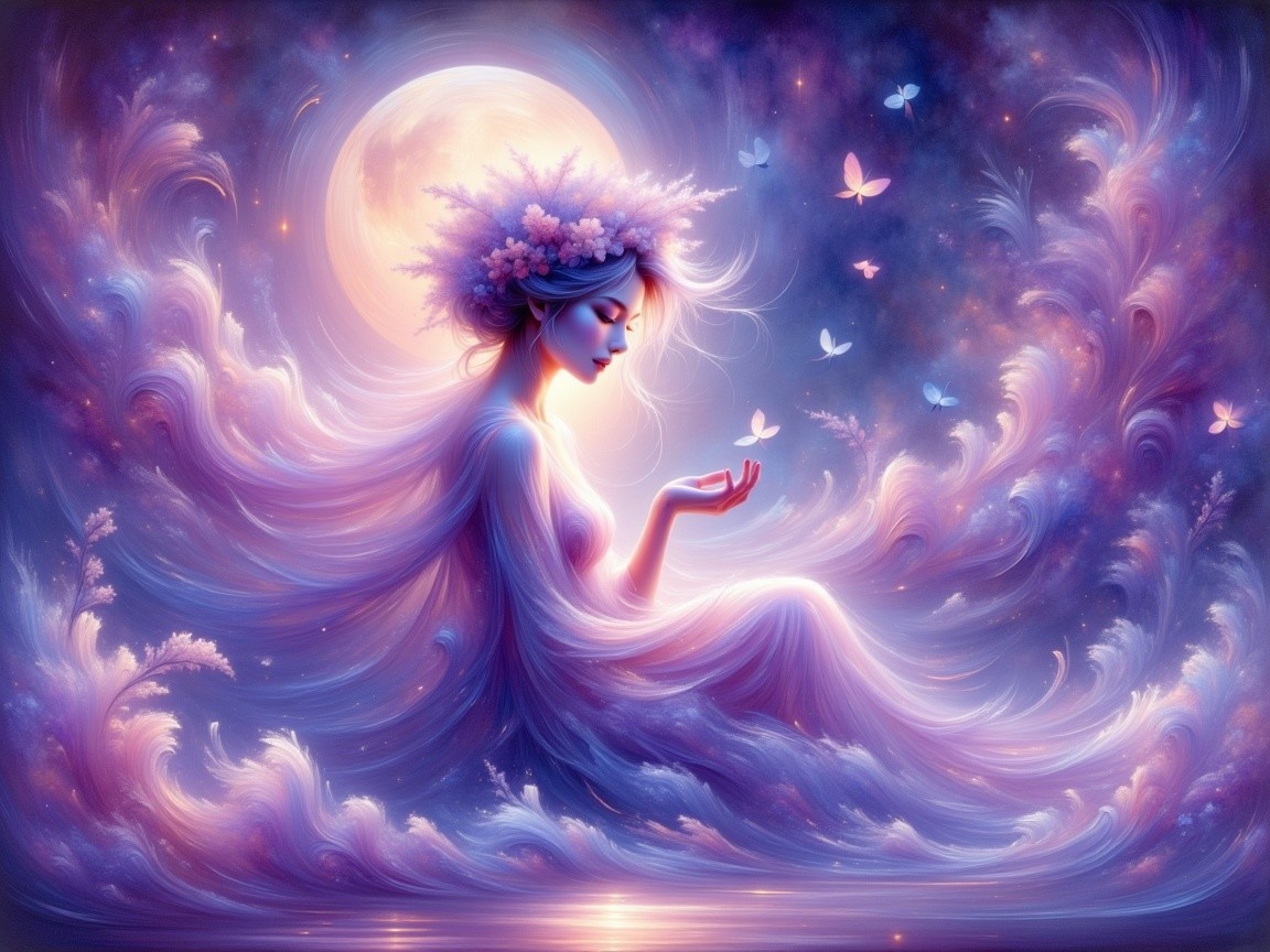 Ethereal Scene with Serene Figure and Pastel Waves