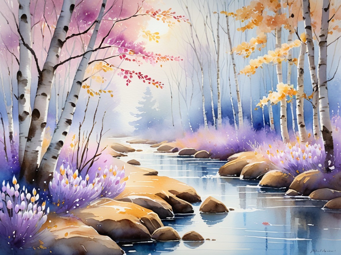 Watercolor Landscape of Autumn Forest and Stream