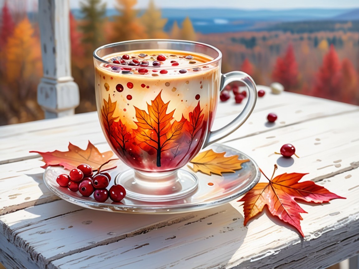 Glass Mug with Autumn Leaves and Cranberries