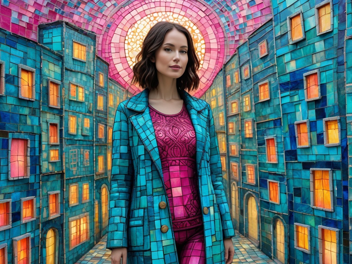 Woman in Colorful Setting with Stained Glass Buildings