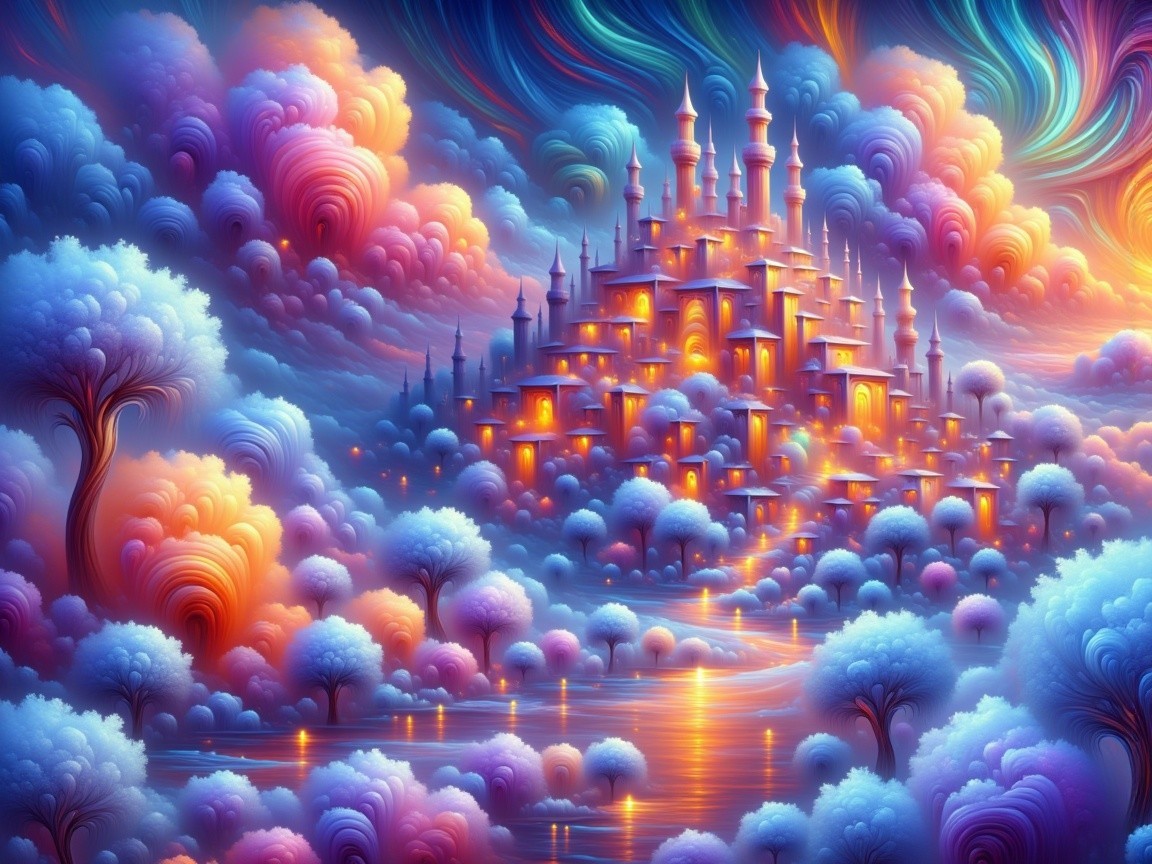 Dreamlike Landscape with Majestic Castle and Clouds