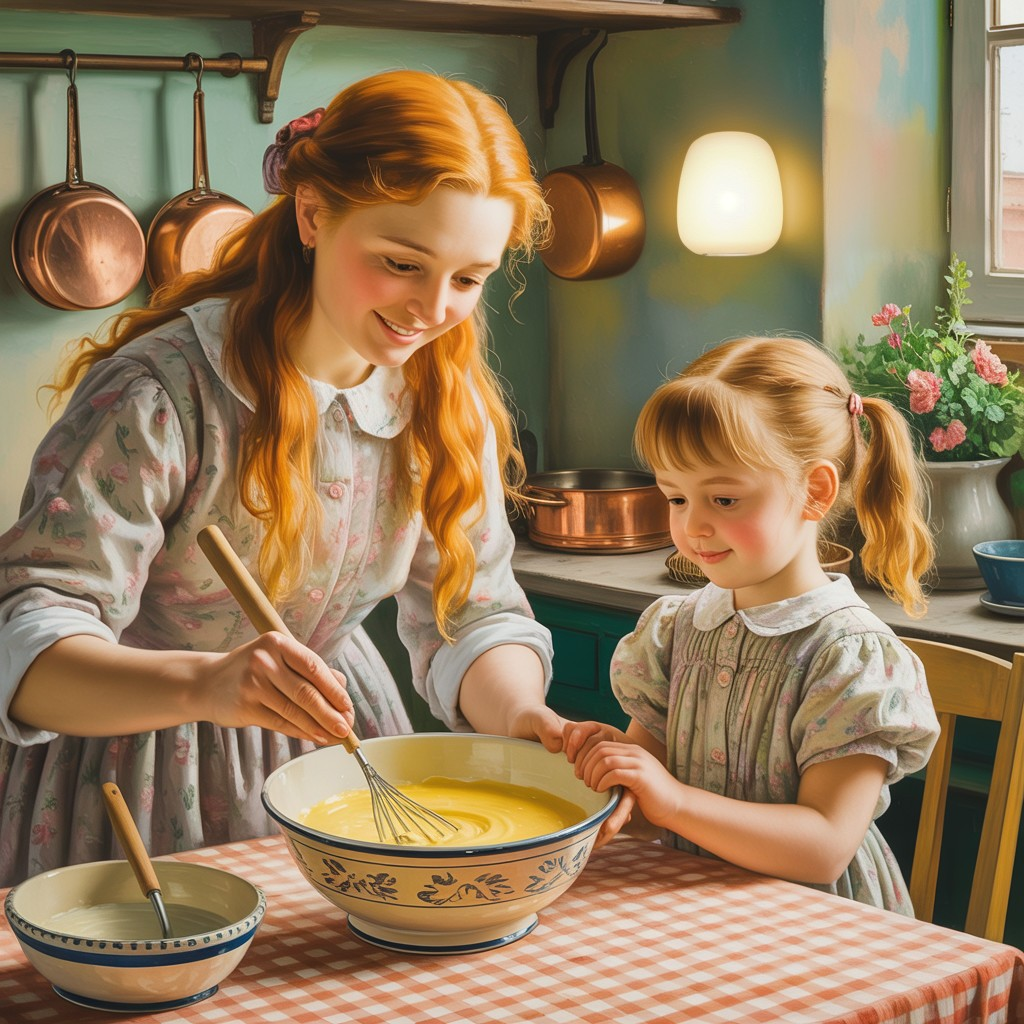 Cozy Kitchen Scene of Mother and Daughter Bonding