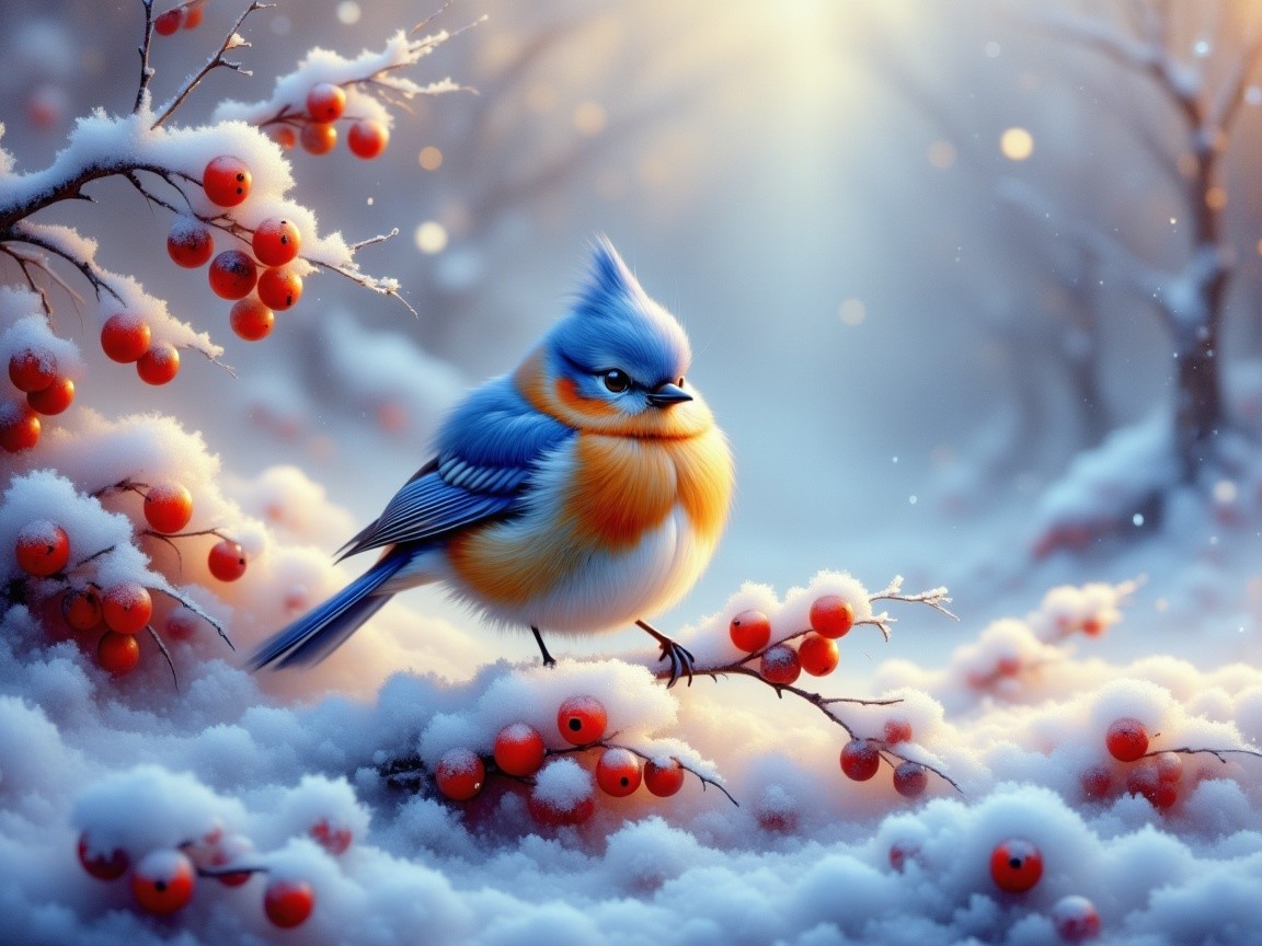 Blue and orange bird in snowy winter landscape