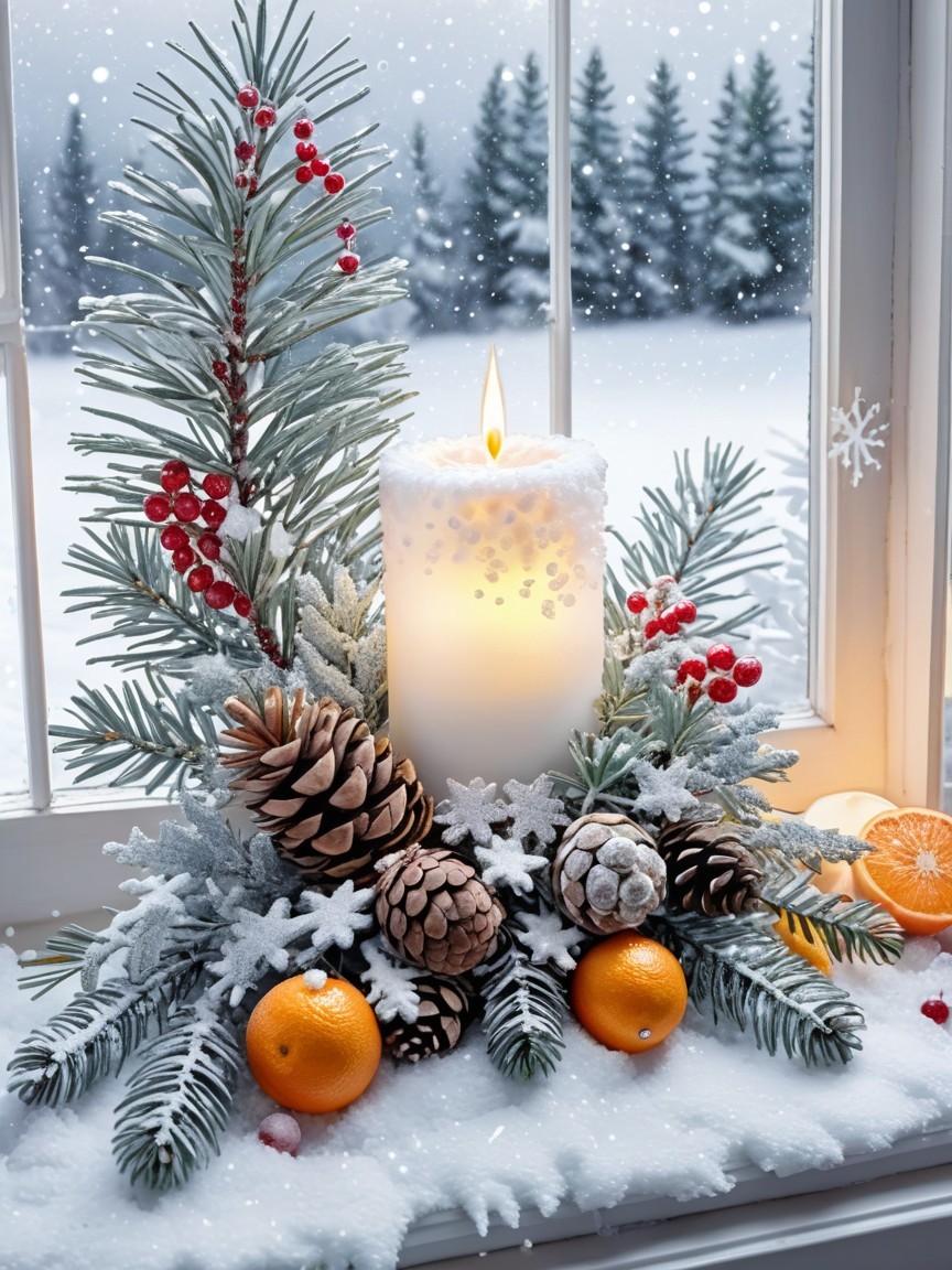 Winter Wonderland Christmas Arrangement on Snowy Windowsill