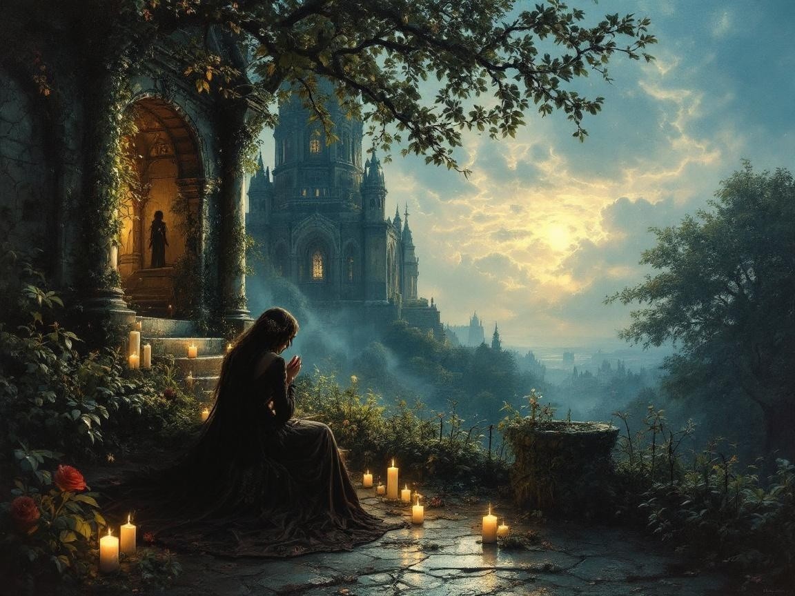 Silhouette of a Woman in a Mystical Twilight Landscape
