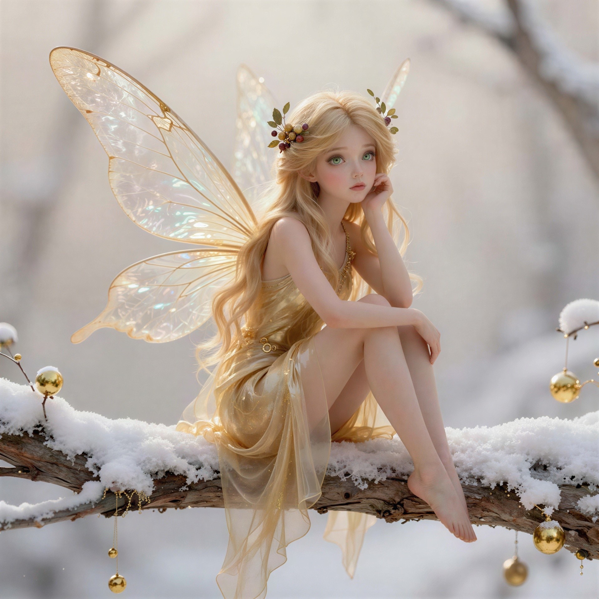 A young fae with iridescent wings on a snowy branch