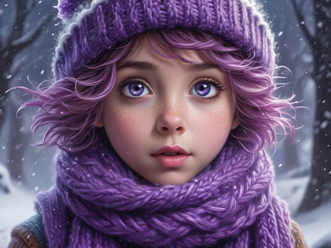 Young girl with purple hair in snowy landscape