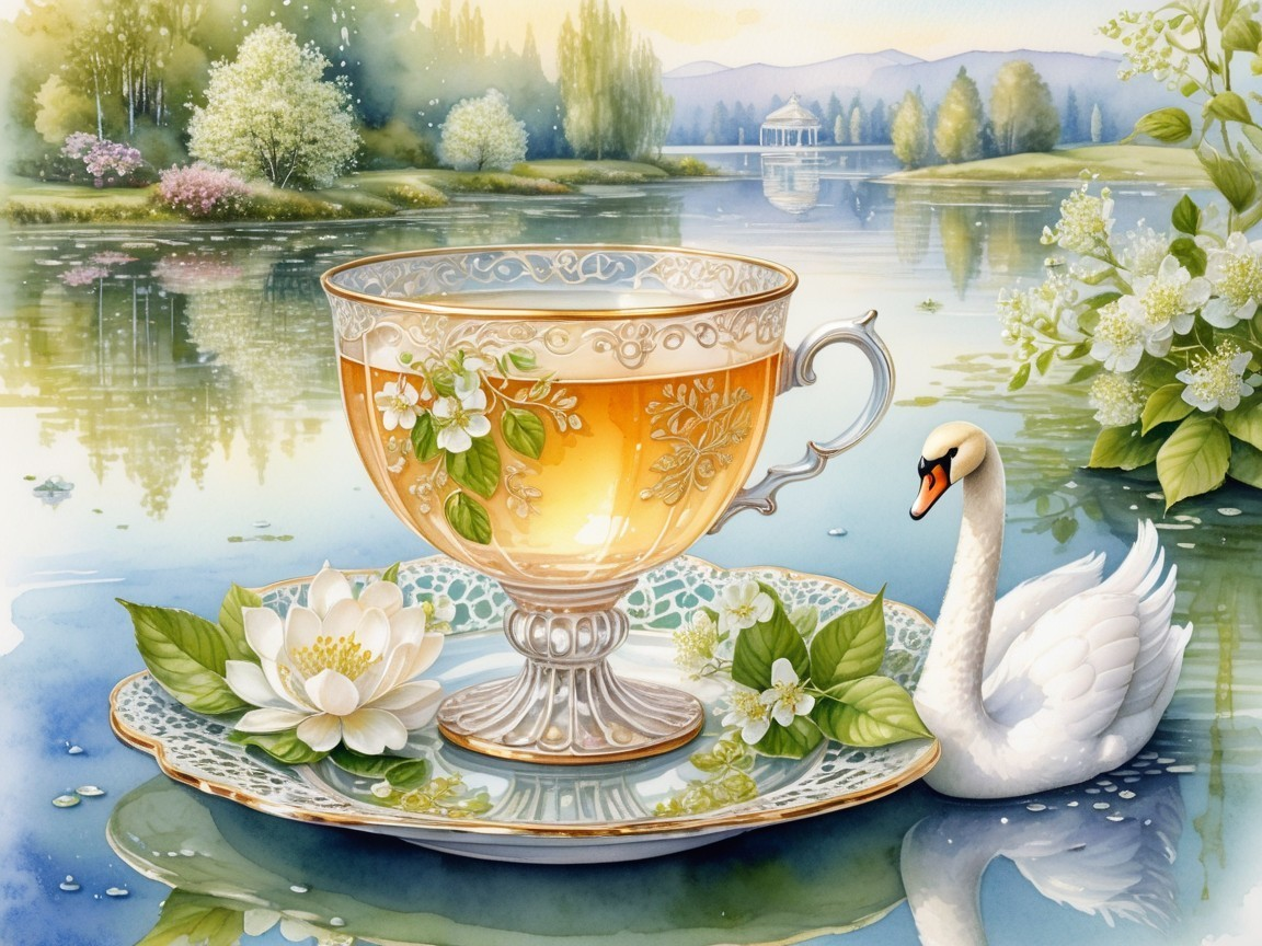 Porcelain Cup with Golden Tea in Serene Nature Setting