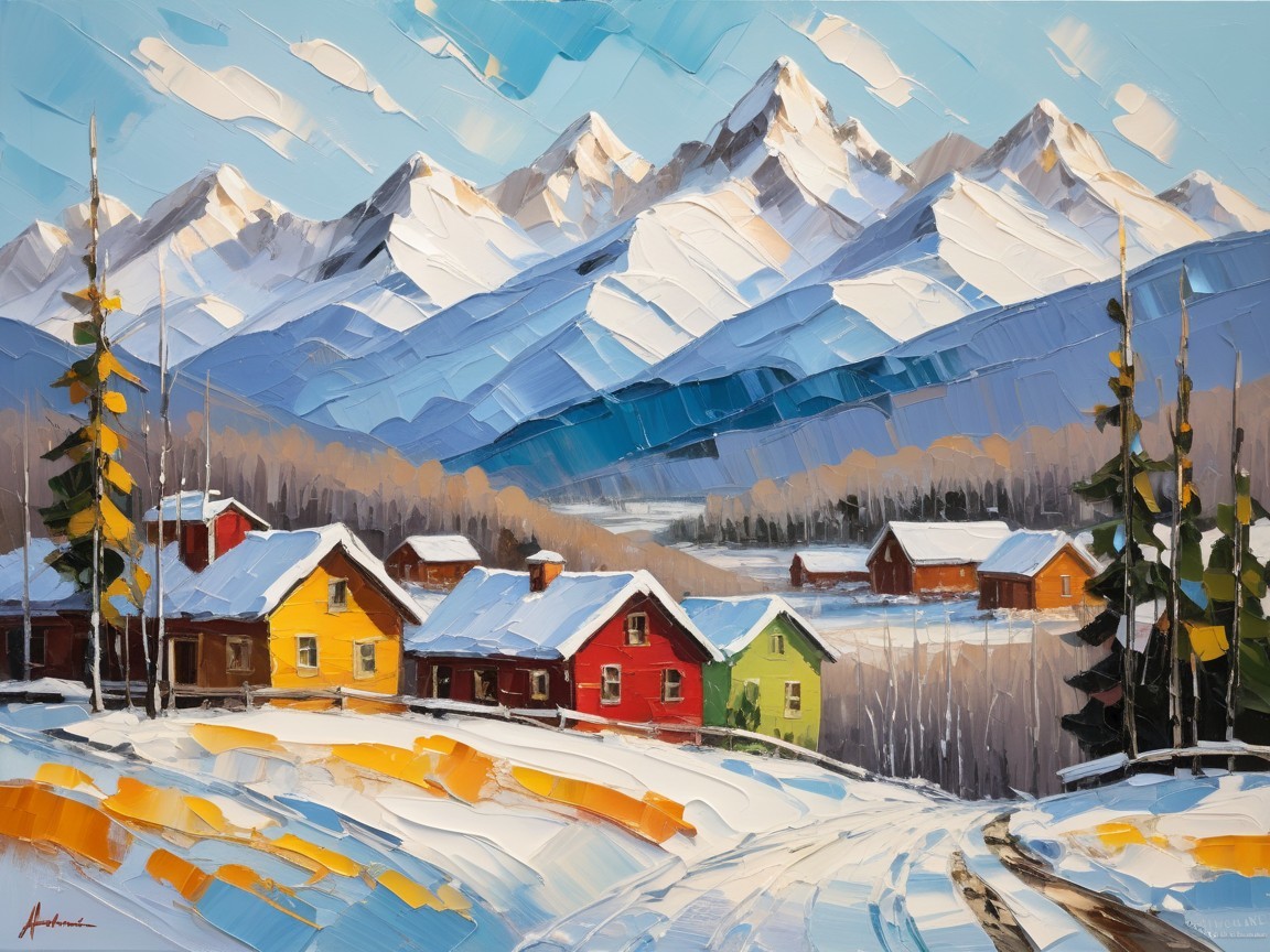 Impressionistic Winter Landscape with Colorful Cabins