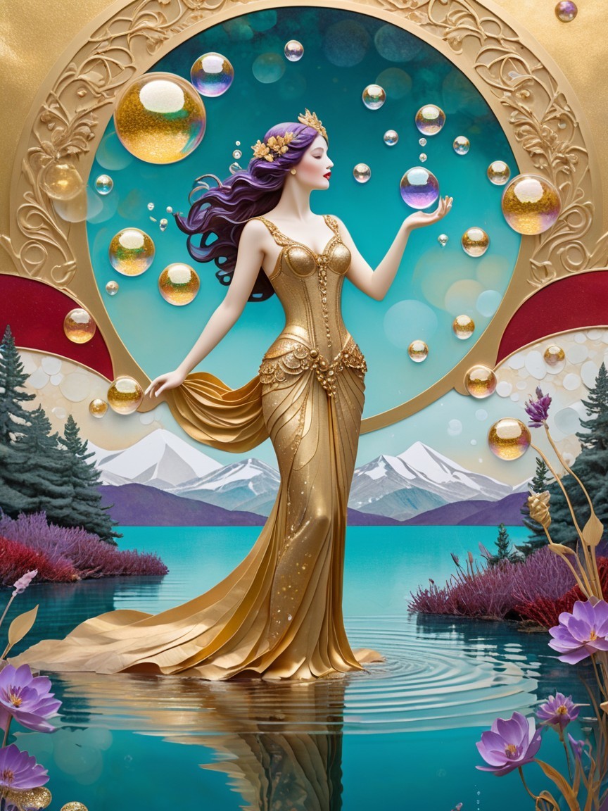 Ethereal Figure in Gold Gown Surrounded by Orbs