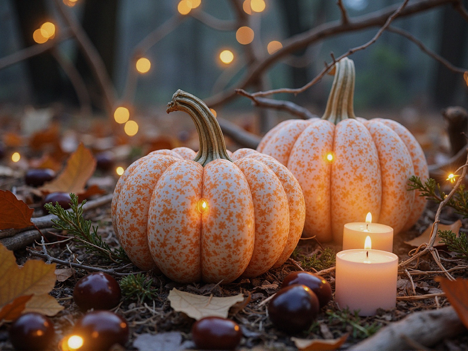 Decorative White Pumpkins in Autumn Setting