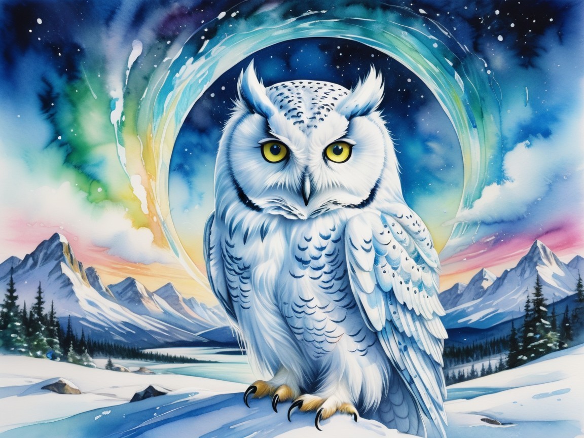 Majestic White Owl in Snowy Landscape with Aurora Colors
