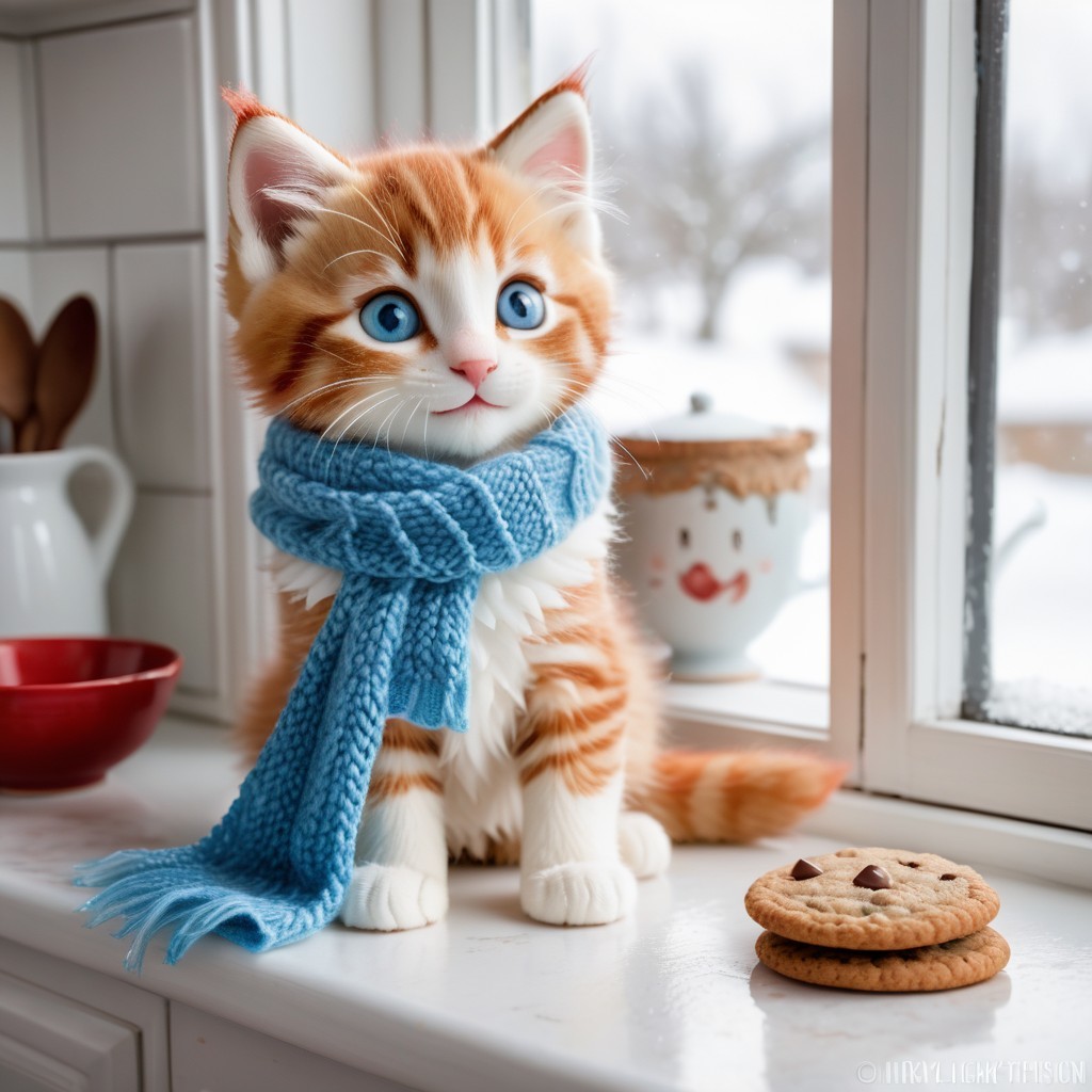 Lifelike orange and white kitten on snowy windowsill