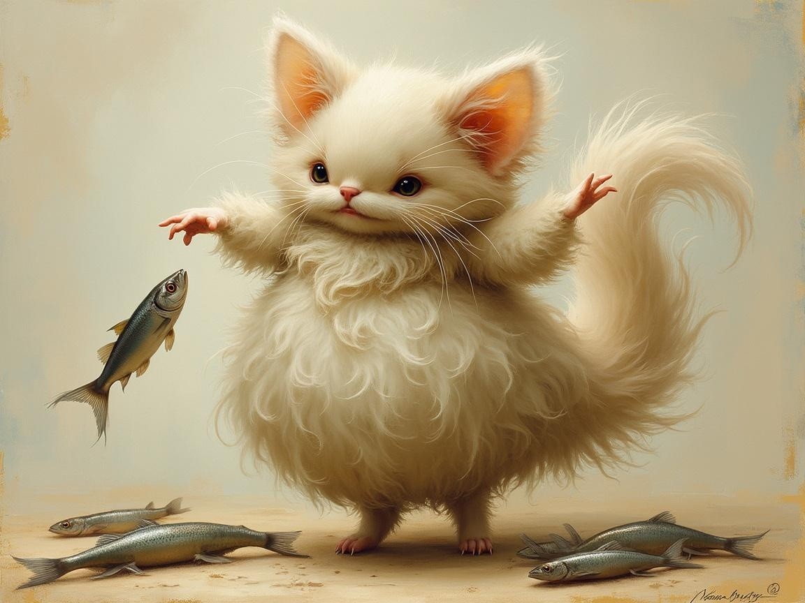 Playful White Kitten Surrounded by Small Fish