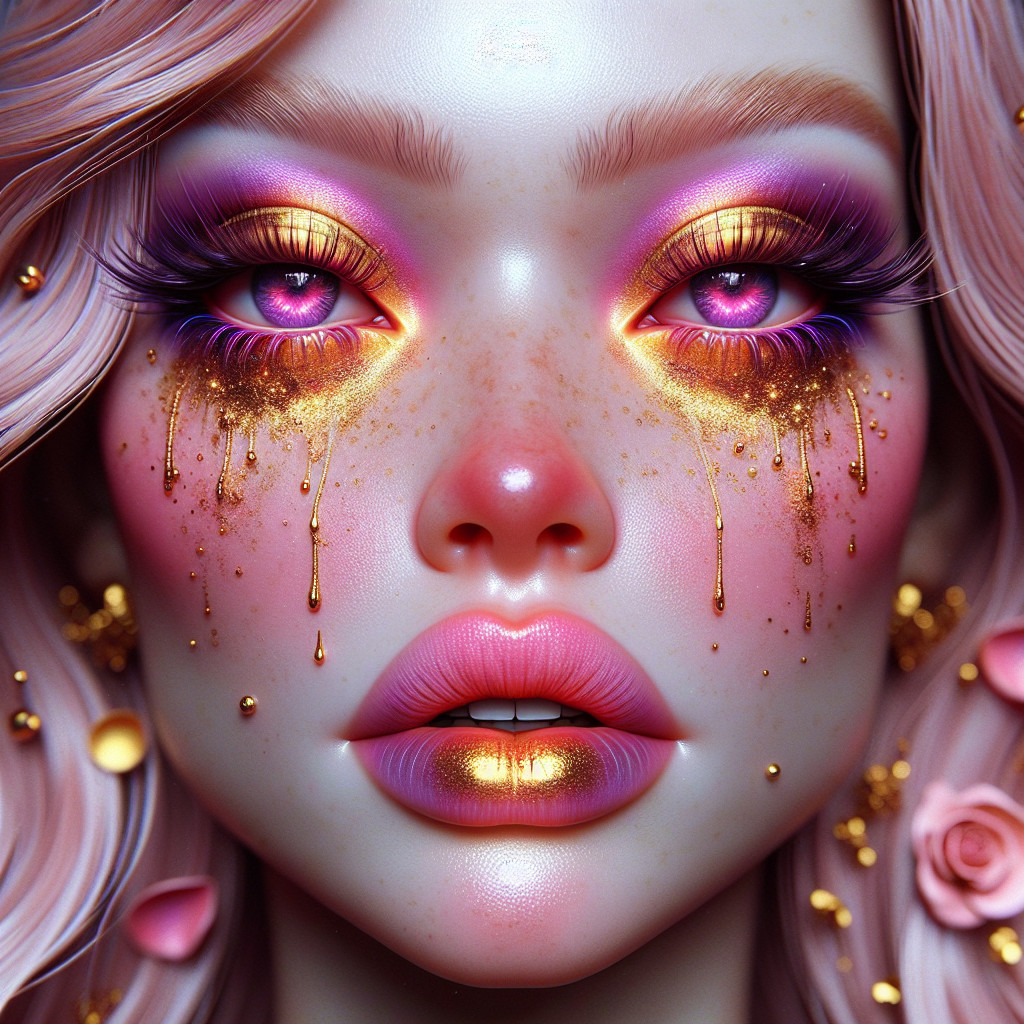 Close-up portrait of a woman with pink hair and freckles