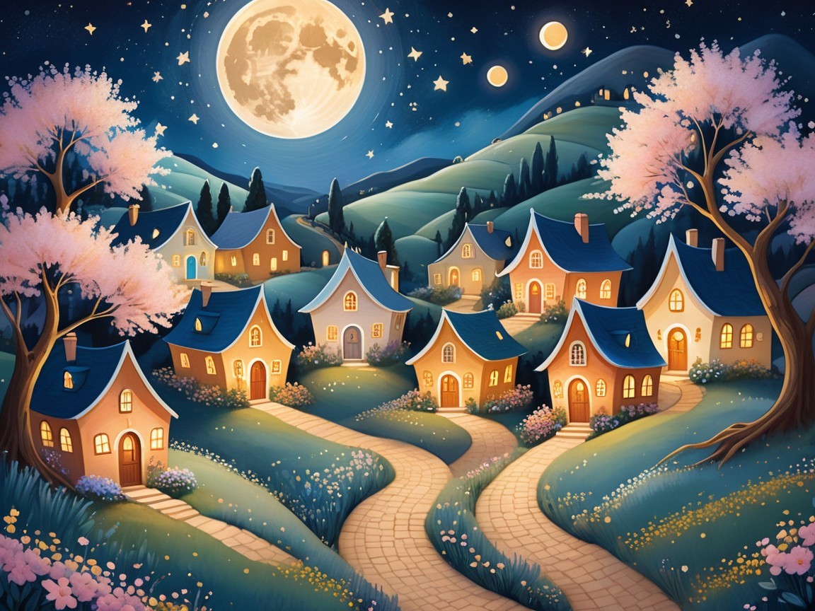 Charming Village Under Bright Full Moon and Stars