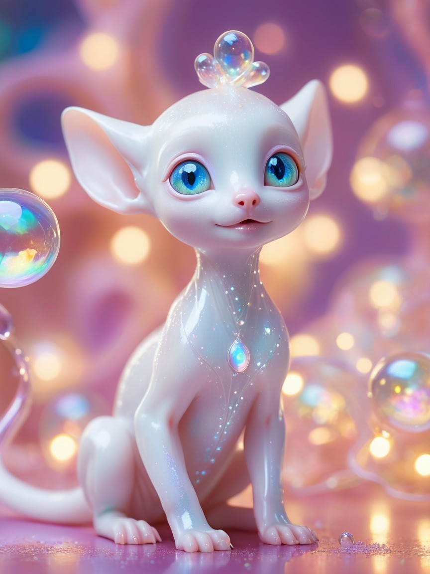 Stylized White Cat with Blue Eyes in Pastel Background