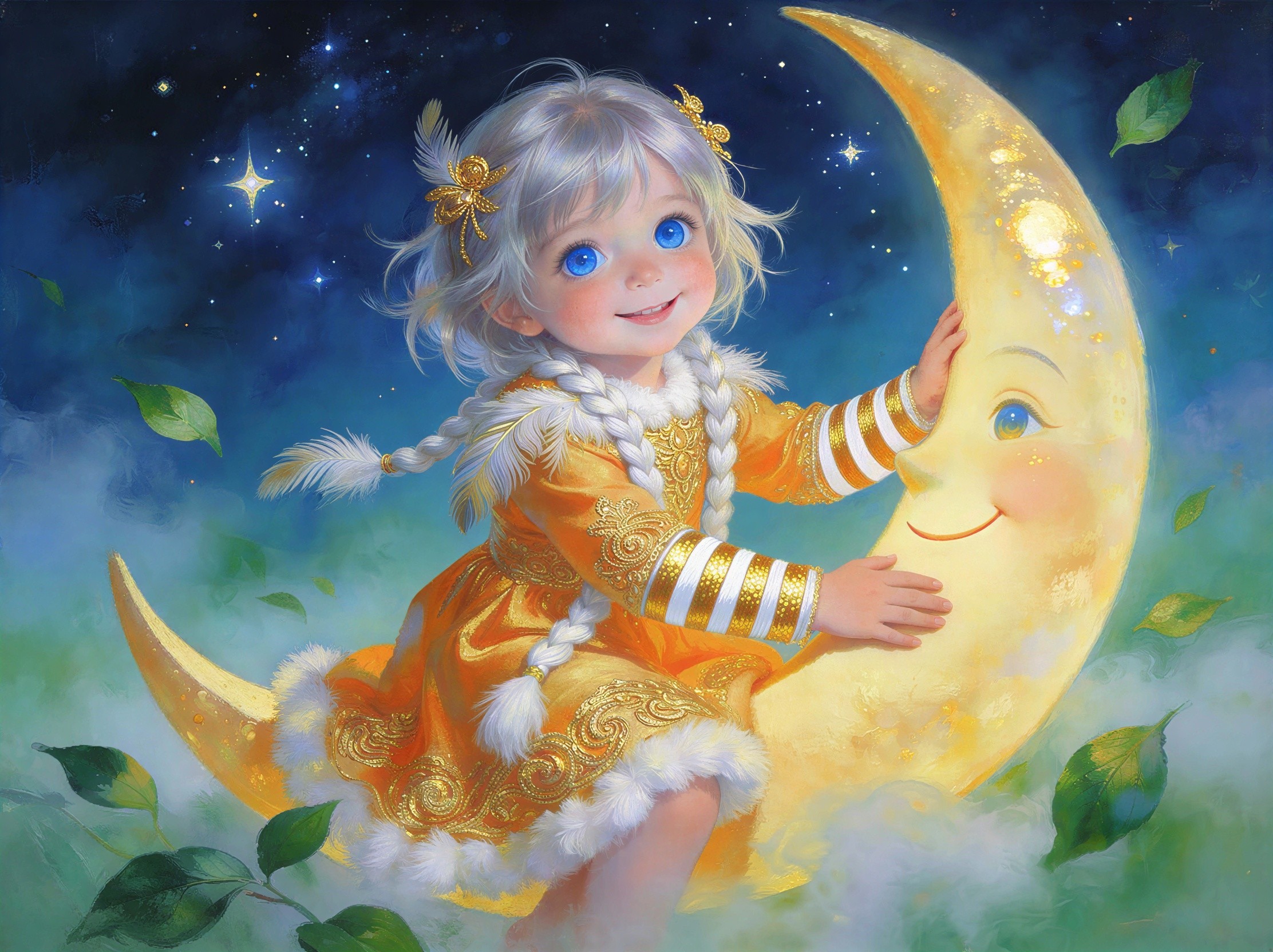 Cute anime baby girl with crescent moon in cosmic sky