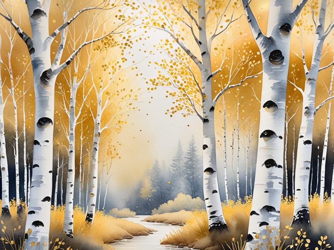 Serene Forest Scene with Autumn Birch Trees and Stream